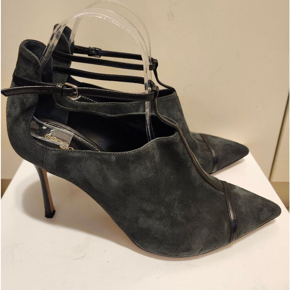 Sergio Rossi Gray Suede Strappy Pointed Toe Stiletto Booties Sz.8/39 Ret. $850